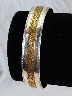 Vintage Sil-Art Engraved Two Tone Cuff Bracelet Silver & Gold Tone